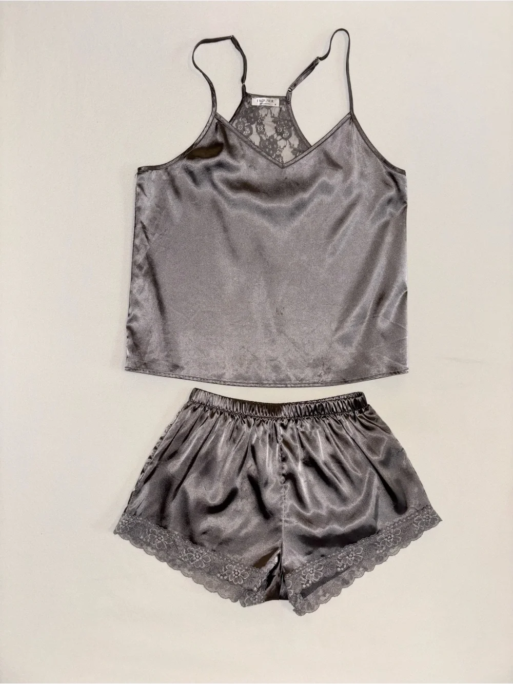 EKOUER Gray Satin Lace Cami & Shorts Pajama Set M